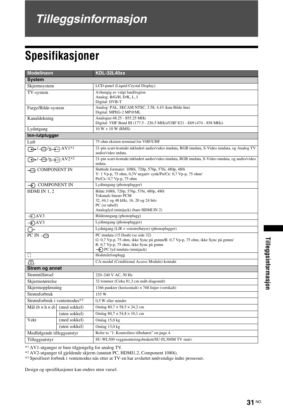 Tilleggsinformasjon, Spesifikasjoner, Tilleggsinformasjon spesifikasjoner | Ti lleg gsi n fo rmasj o n | Sony KDL-26 L4000 User Manual | Page 95 / 227