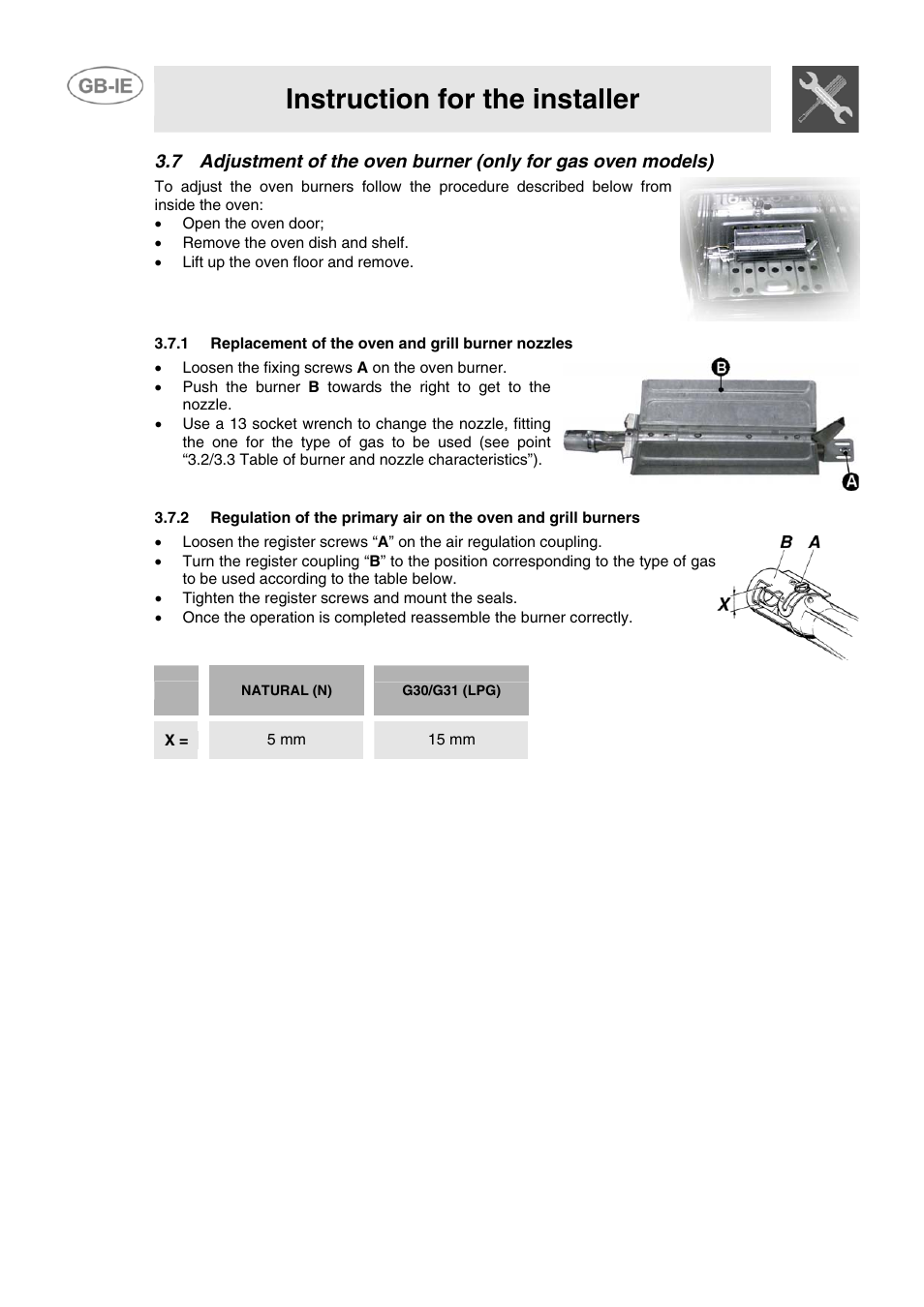 1 replacement of the oven and grill burner nozzles, Instruction for the installer, X = 5 mm 15 mm | Smeg CB61ME User Manual | Page 12 / 29