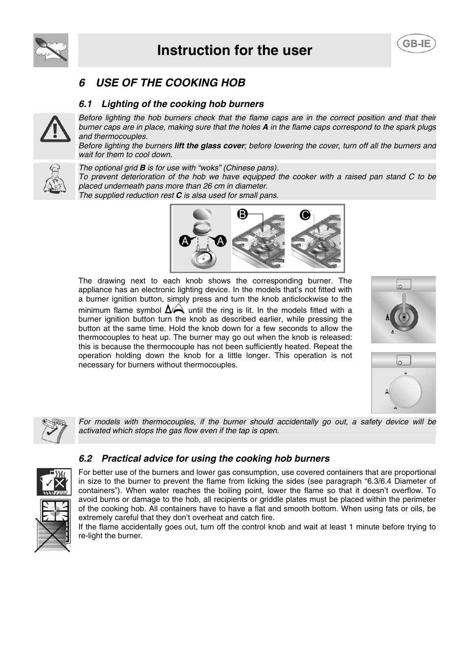 6 use of the cooking hob, 1 lighting of the cooking hob burners, Instruction for the user | Smeg CB61ME User Manual | Page 17 / 29