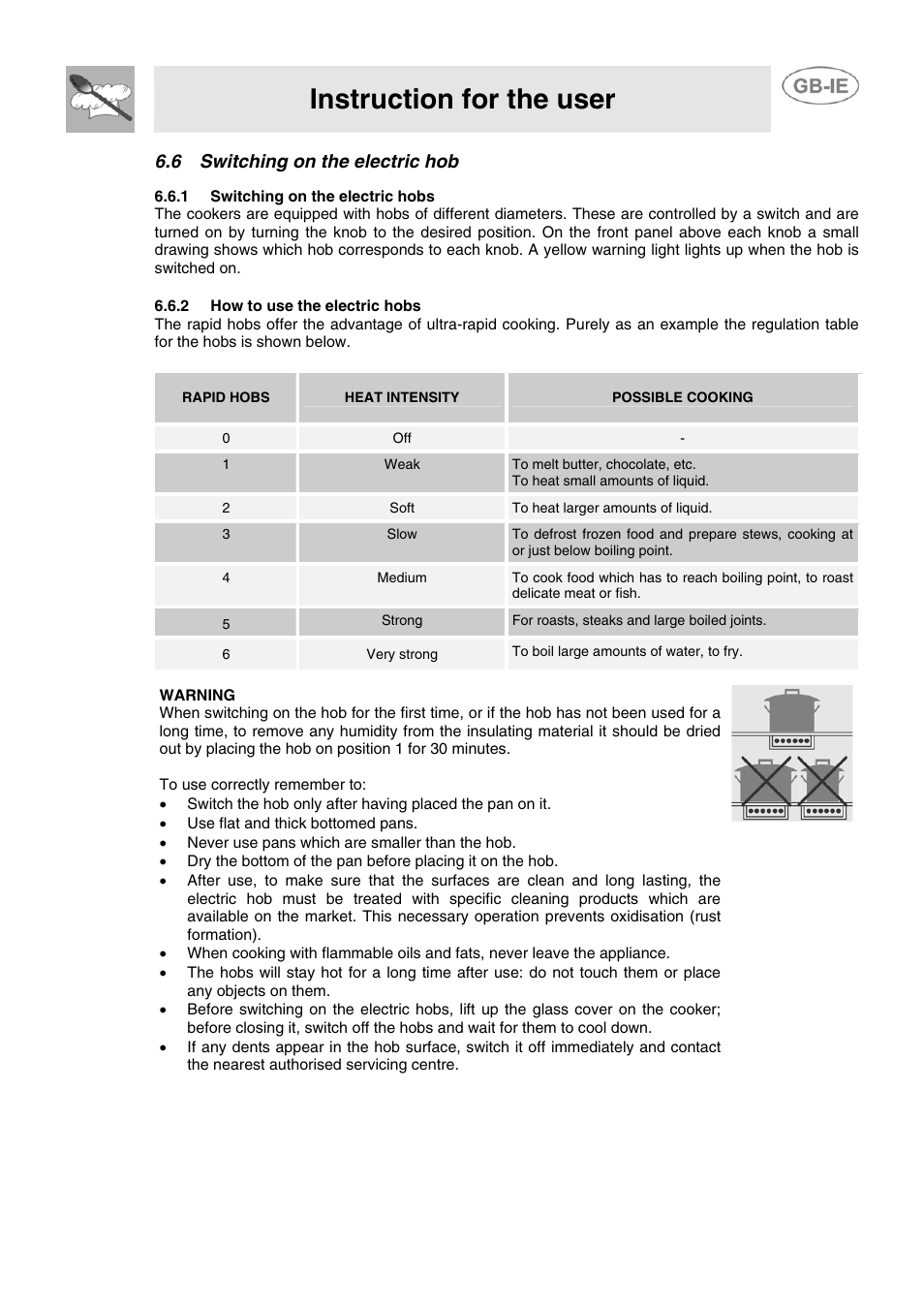 6 switching on the electric hob, 1 switching on the electric hobs, 2 how to use the electric hobs | Instruction for the user, Rapid hobs heat intensity possible cooking, Weak, Soft, Slow, Medium, Strong | Smeg CB61ME User Manual | Page 19 / 29