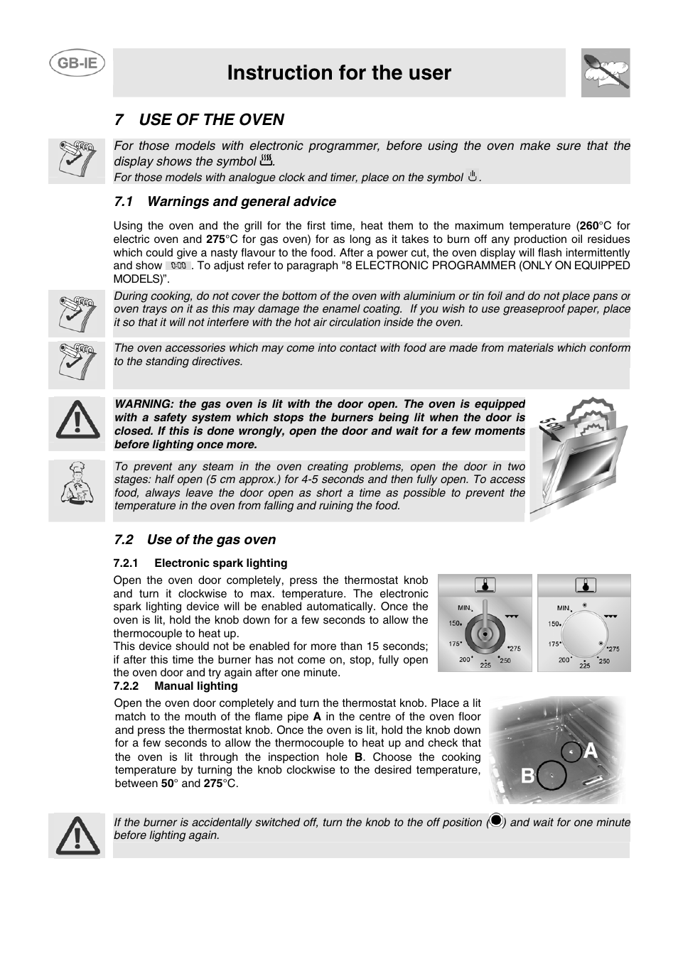 7 use of the oven, 1 warnings and general advice, 2 use of the gas oven | 1 electronic spark lighting, 2 manual lighting, Instruction for the user | Smeg CB61ME User Manual | Page 20 / 29