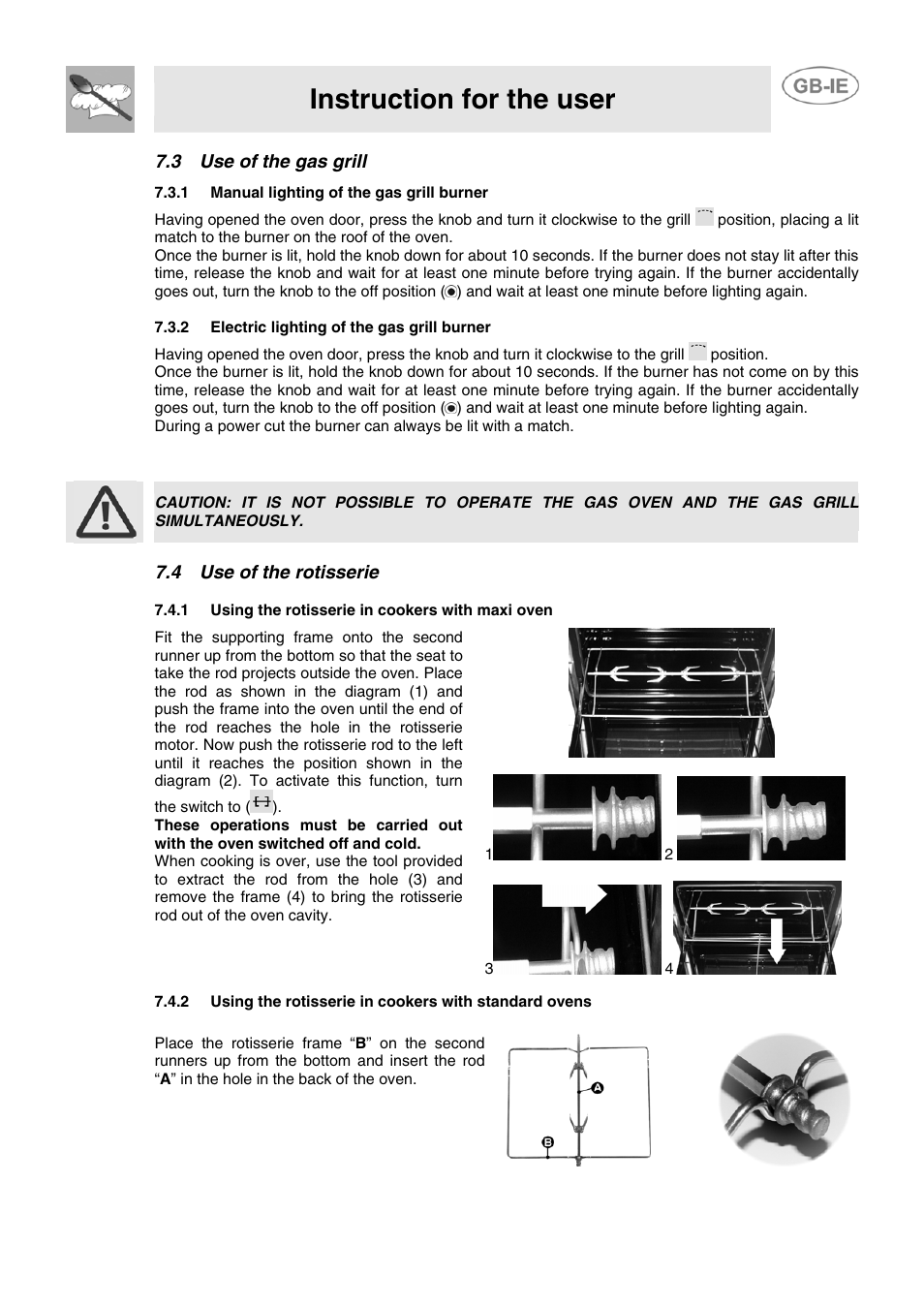 3 use of the gas grill, 1 manual lighting of the gas grill burner, 2 electric lighting of the gas grill burner | 4 use of the rotisserie, 1 using the rotisserie in cookers with maxi oven, Instruction for the user | Smeg CB61ME User Manual | Page 21 / 29