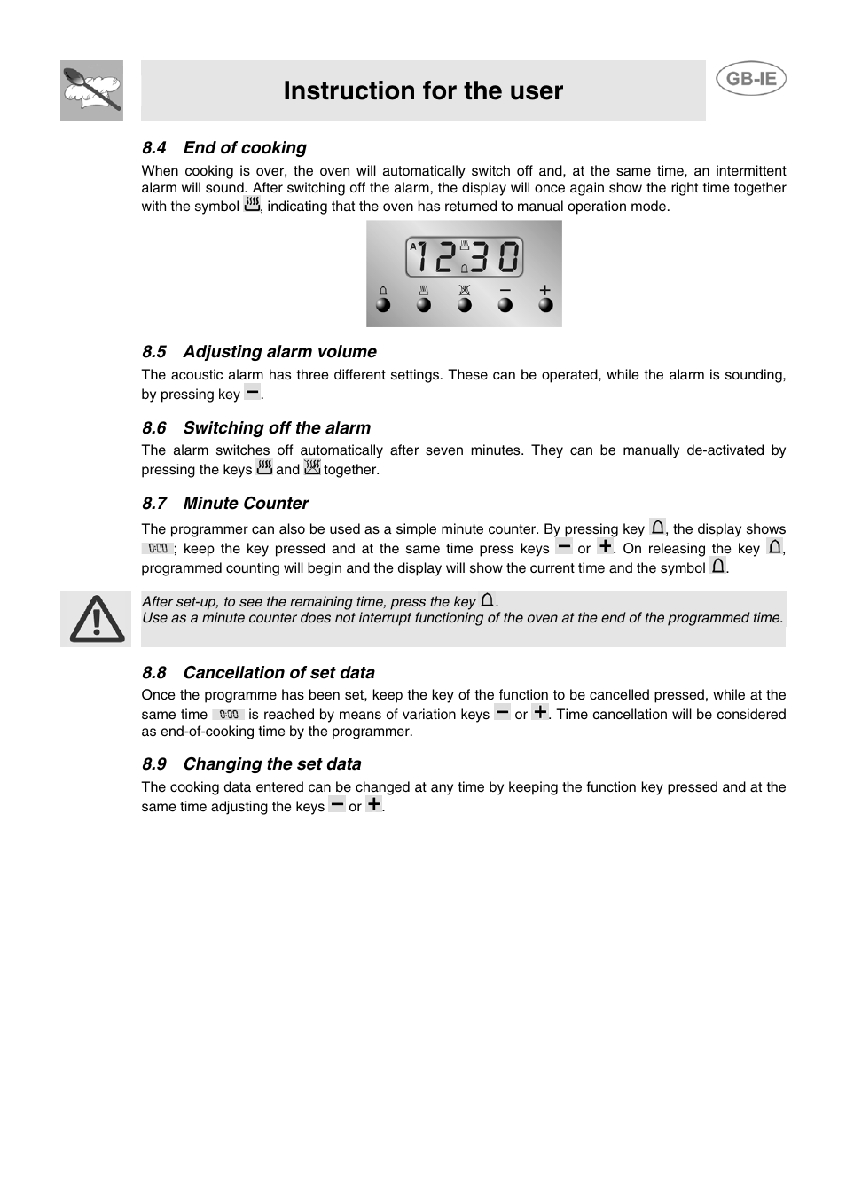 4 end of cooking, 5 adjusting alarm volume, 6 switching off the alarm | 7 minute counter, 8 cancellation of set data, 9 changing the set data, Instruction for the user | Smeg CB61ME User Manual | Page 25 / 29