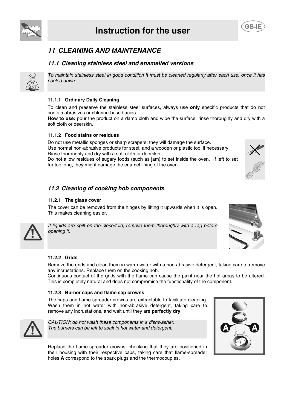 11 cleaning and maintenance, 1 cleaning stainless steel and enamelled versions, 1 ordinary daily cleaning | 2 food stains or residues, 2 cleaning of cooking hob components, 1 the glass cover, 2 grids, 3 burner caps and flame cap crowns, Instruction for the user | Smeg CB61ME User Manual | Page 27 / 29