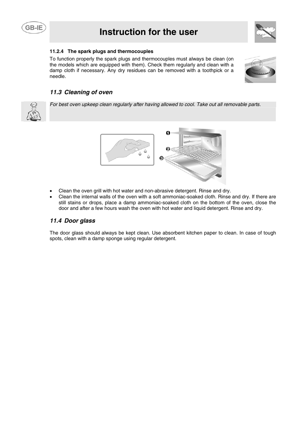 4 the spark plugs and thermocouples, 3 cleaning of oven, 4 door glass | Instruction for the user | Smeg CB61ME User Manual | Page 28 / 29