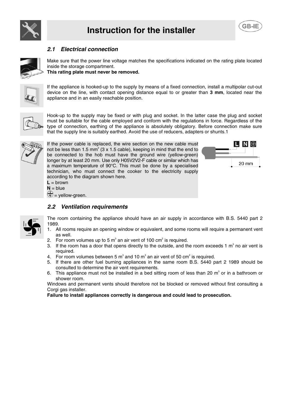 1 electrical connection, 2 ventilation requirements, Instruction for the installer | Smeg CB61ME User Manual | Page 5 / 29