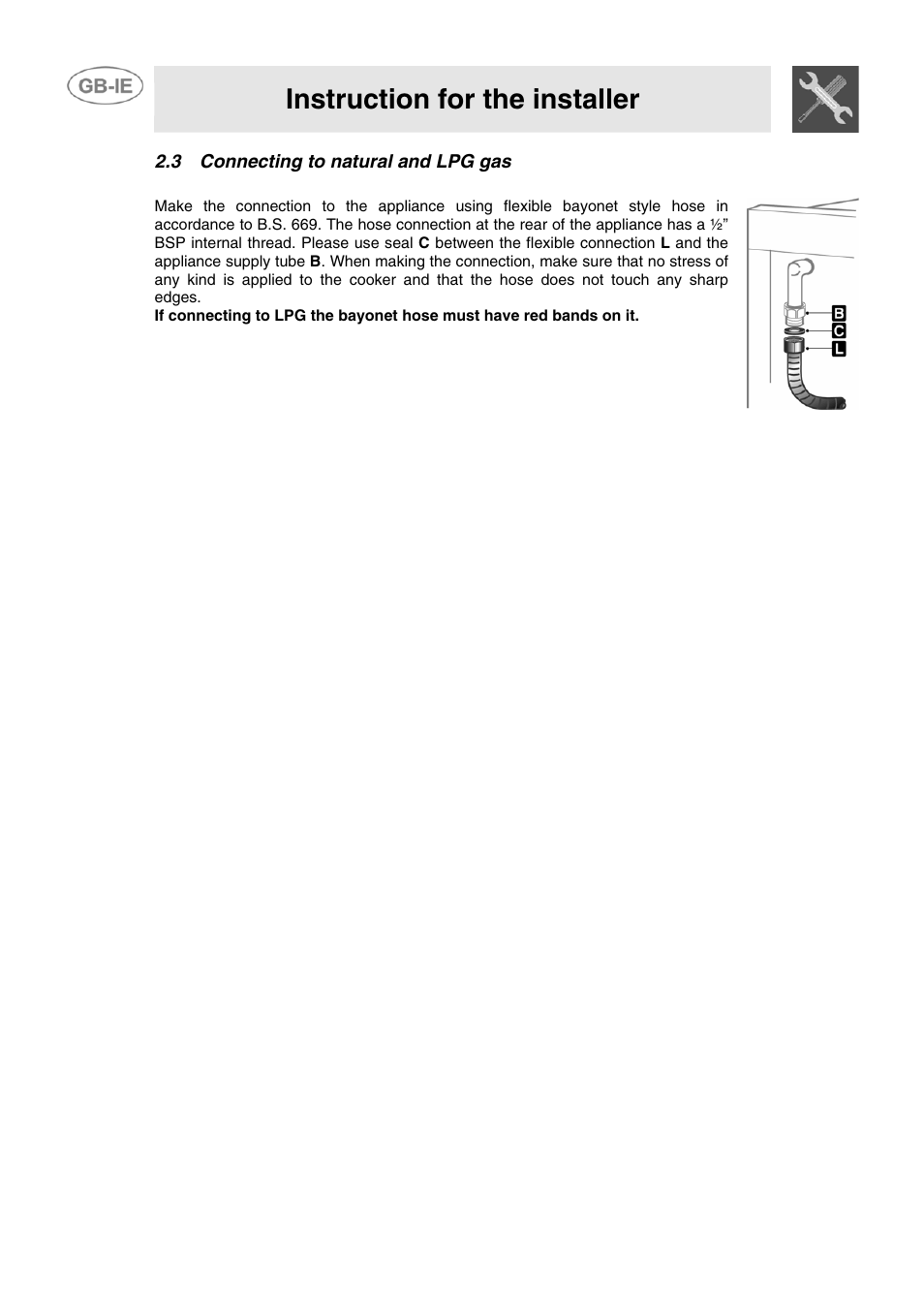 3 connecting to natural and lpg gas, Please see connection diagram), Instruction for the installer | Smeg CB61ME User Manual | Page 6 / 29