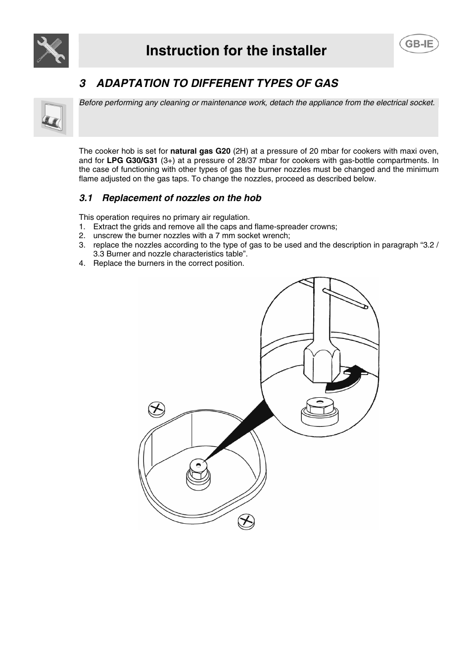 3 adaptation to different types of gas, 1 replacement of nozzles on the hob, Instruction for the installer | Smeg CB61ME User Manual | Page 7 / 29