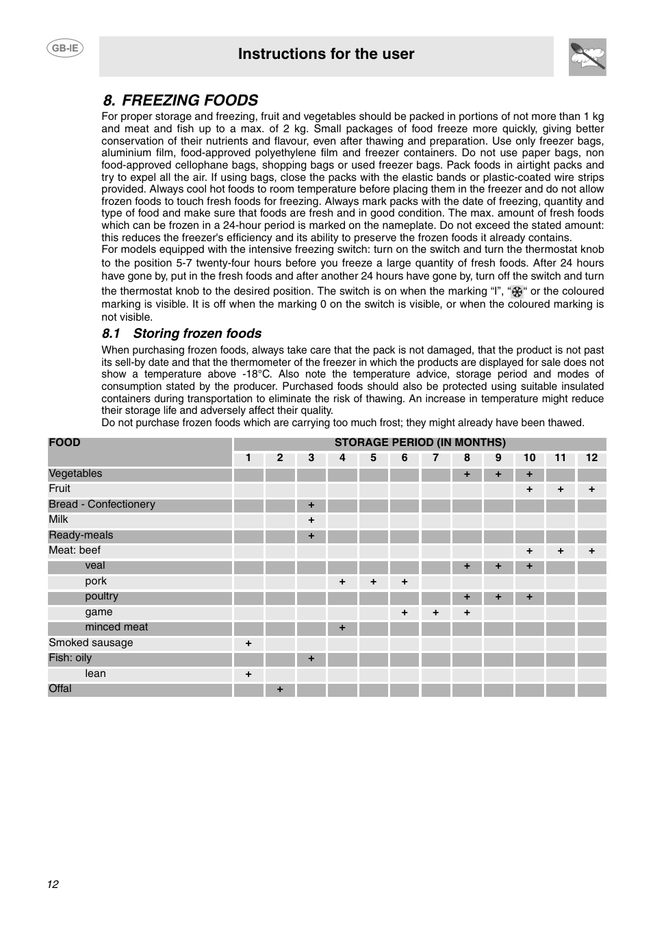 Freezing foods, 1 storing frozen foods, Instructions for the user | Smeg FAB28JCS User Manual | Page 10 / 17