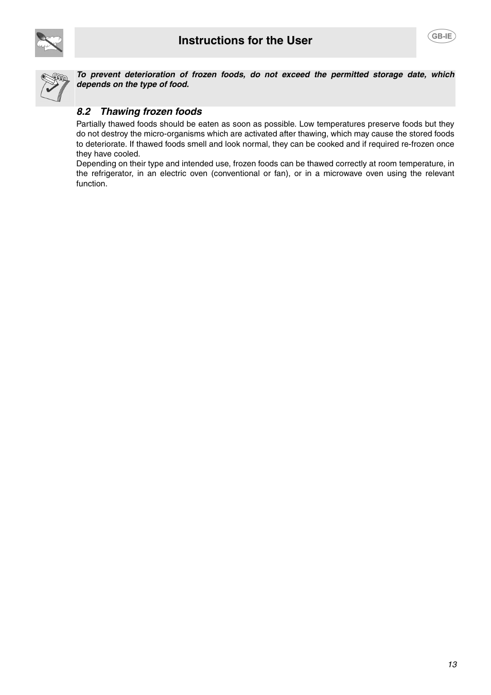 2 thawing frozen foods, Instructions for the user | Smeg FAB28JCS User Manual | Page 11 / 17