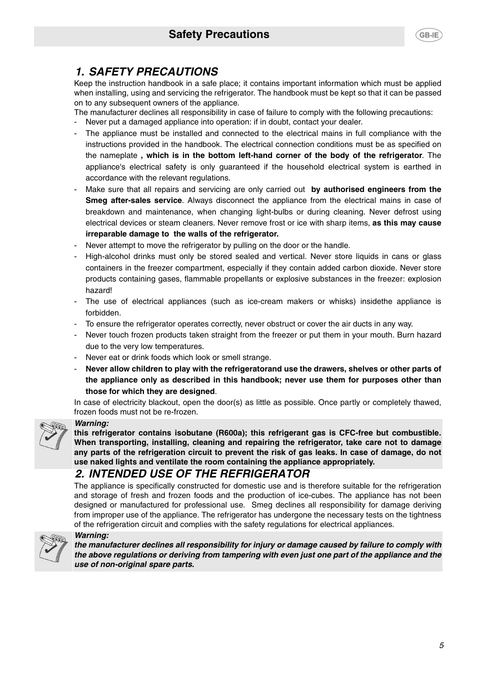 Safety precautions, Intended use of the refrigerator | Smeg FAB28JCS User Manual | Page 3 / 17