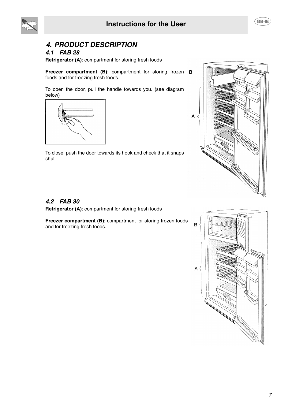 Product description, 1 fab 28, 2 fab 30 | 1 fab 28 4.2 fab 30, Instructions for the user | Smeg FAB28JCS User Manual | Page 5 / 17
