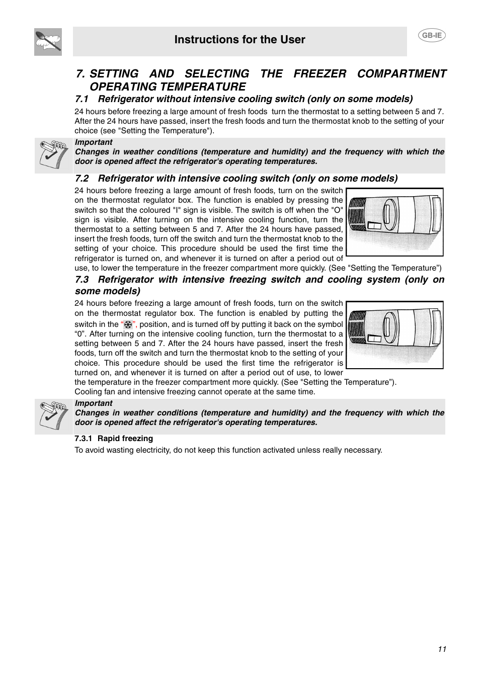 1 rapid freezing, Instructions for the user | Smeg FAB28JCS User Manual | Page 9 / 17