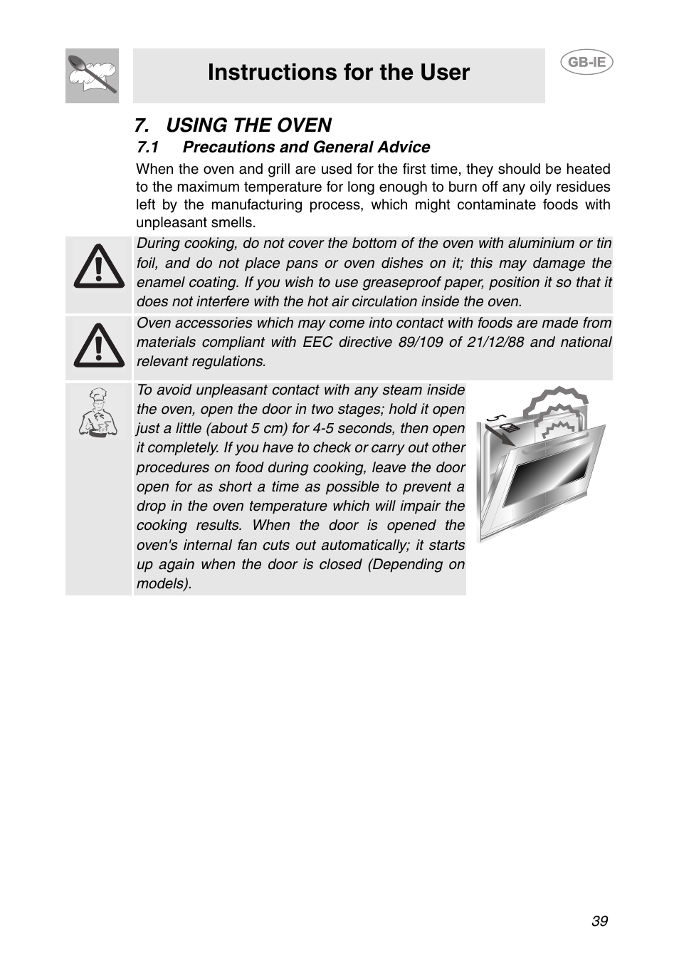 Using the oven, 1 precautions and general advice, Instructions for the user | Smeg AP361MFEB User Manual | Page 10 / 27