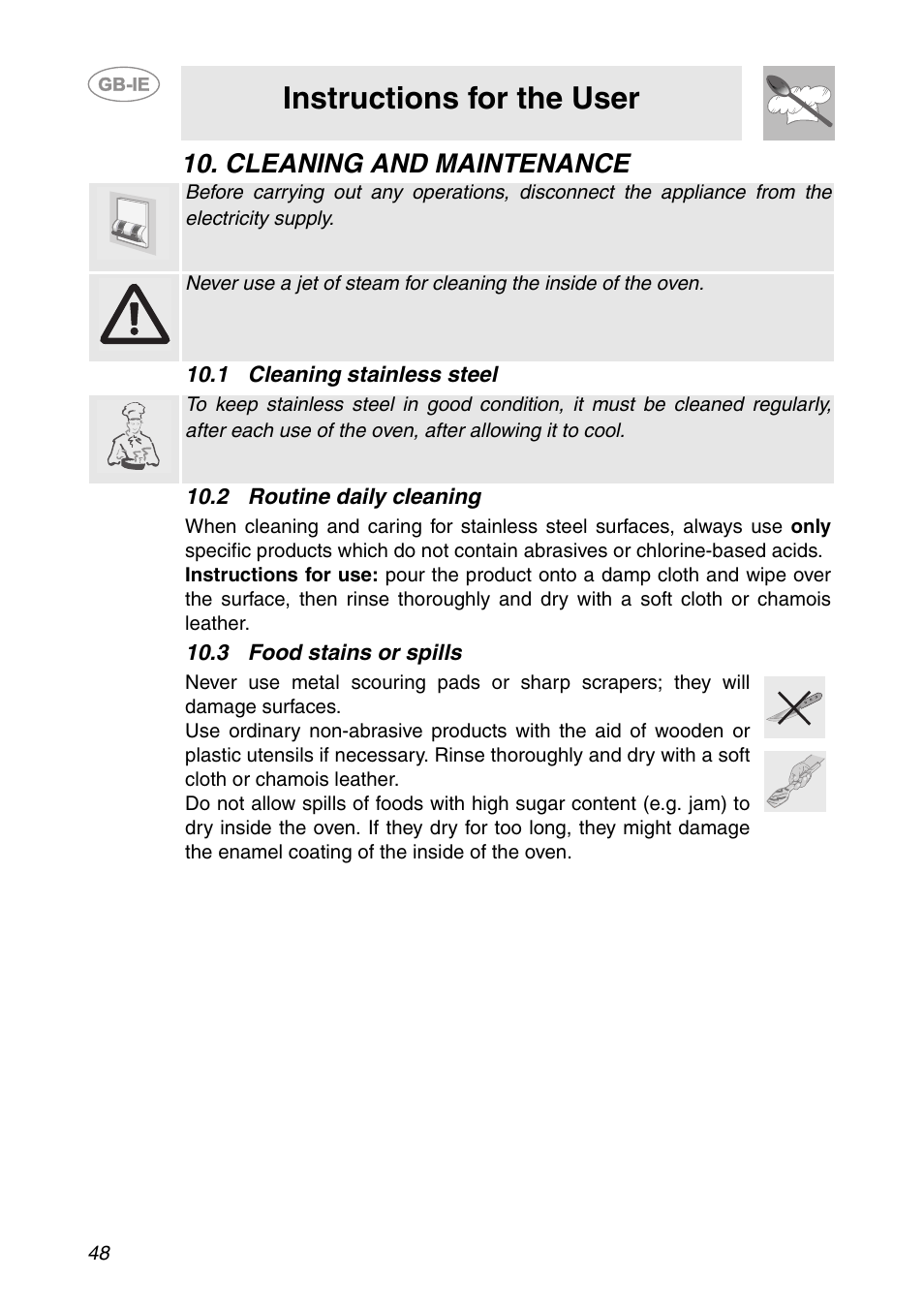 Cleaning and maintenance, 1 cleaning stainless steel, 2 routine daily cleaning | 3 food stains or spills, Instructions for the user | Smeg AP361MFEB User Manual | Page 19 / 27