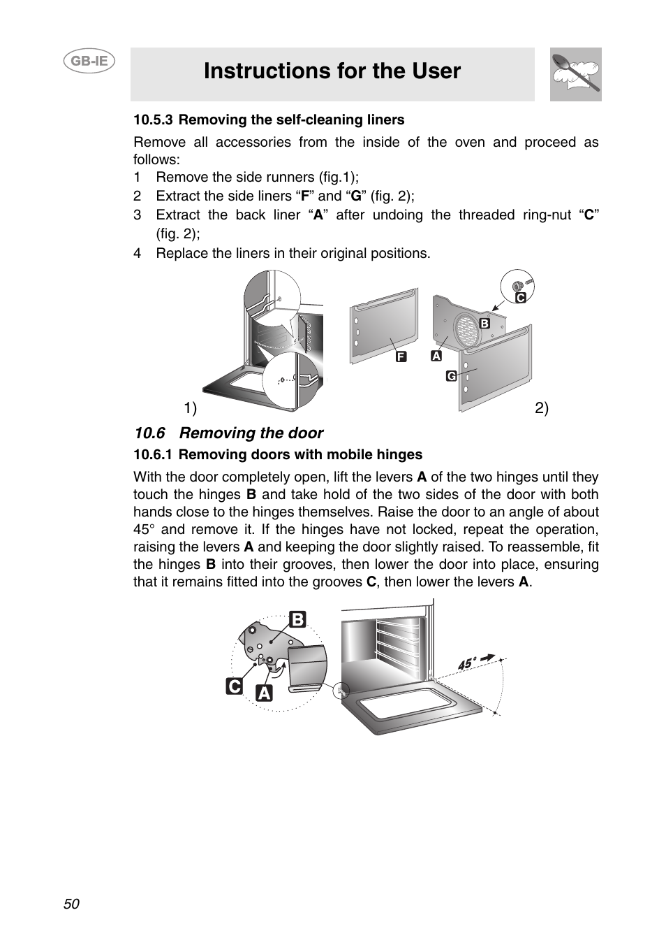 3 removing the self-cleaning liners, 1 remove the side runners (fig.1), 2 extract the side liners “f” and “g” (fig. 2) | 4 replace the liners in their original positions, 6 removing the door, 1 removing doors with mobile hinges, Instructions for the user | Smeg AP361MFEB User Manual | Page 21 / 27