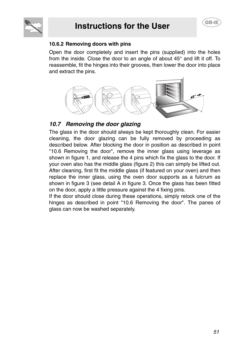 2 removing doors with pins, 7 removing the door glazing, Instructions for the user | Smeg AP361MFEB User Manual | Page 22 / 27