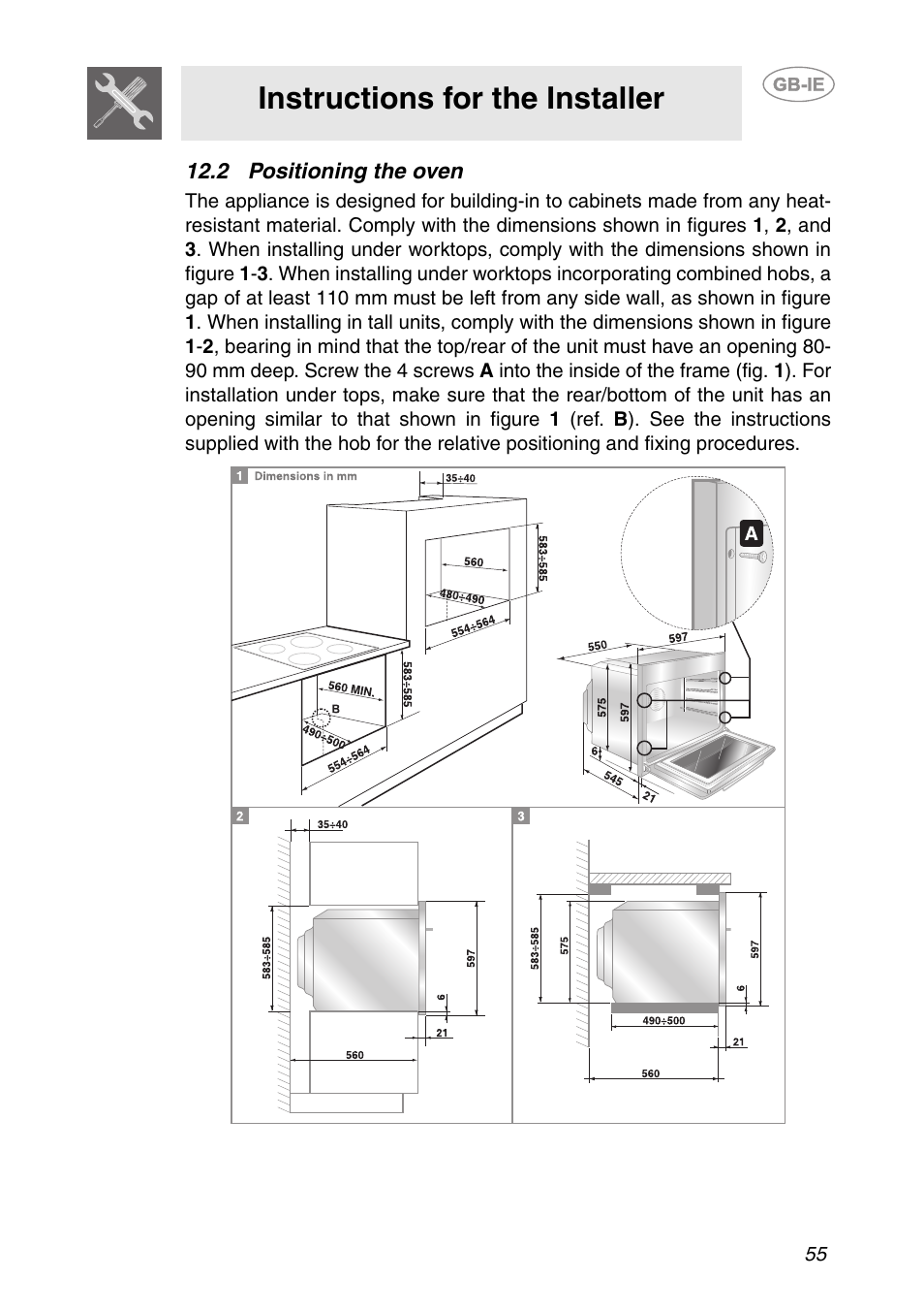 2 positioning the oven, Instructions for the installer | Smeg AP361MFEB User Manual | Page 26 / 27