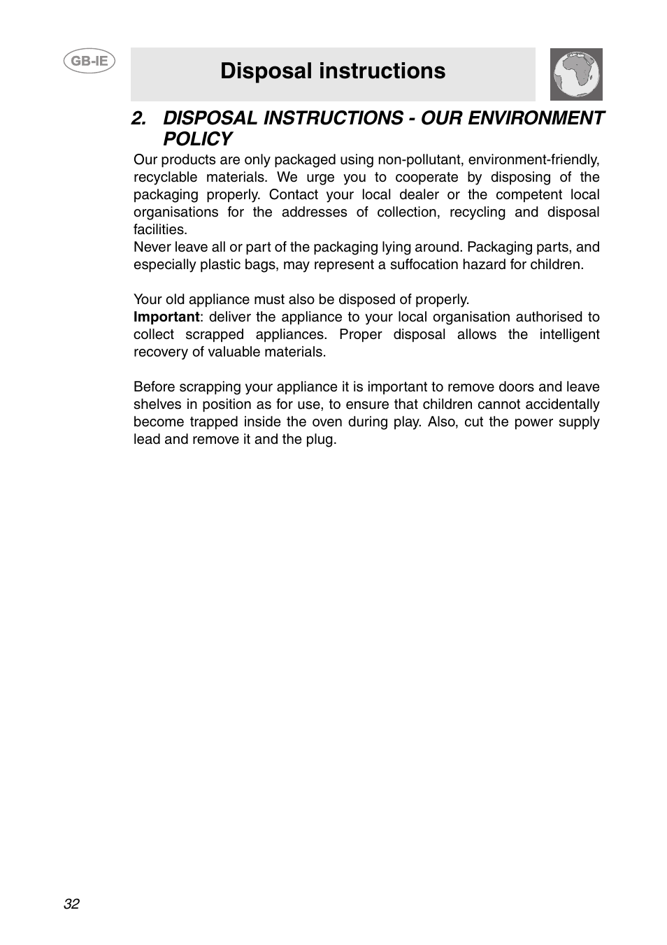 Disposal instructions - our environment policy, Disposal instructions | Smeg AP361MFEB User Manual | Page 3 / 27