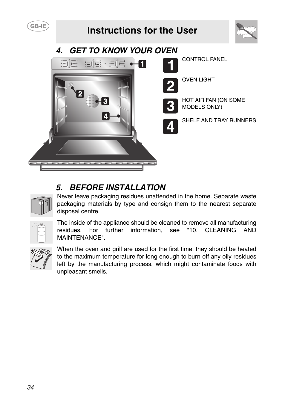 Get to know your oven, Before installation, Instructions for the user | Get to know your oven 5. before installation | Smeg AP361MFEB User Manual | Page 5 / 27