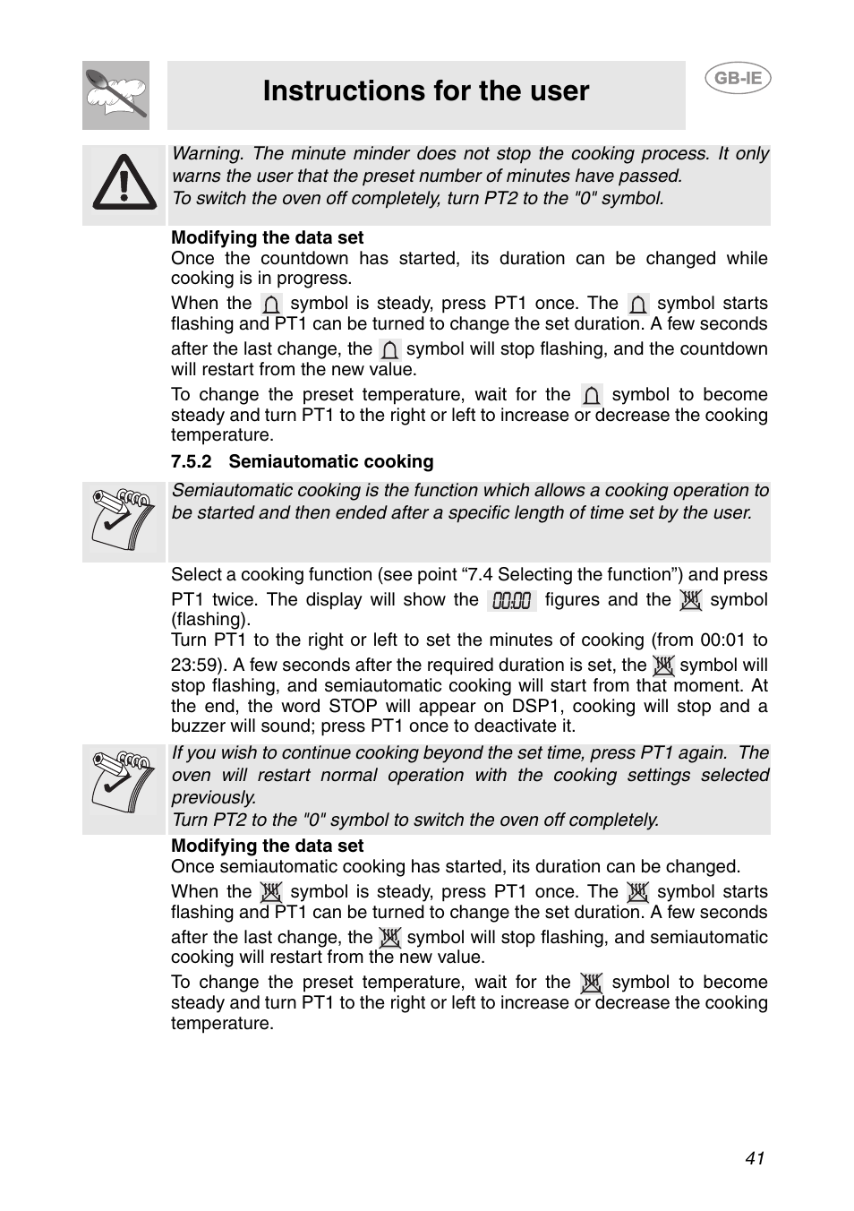 2 semiautomatic cooking, Instructions for the user | Smeg SC106 User Manual | Page 10 / 29
