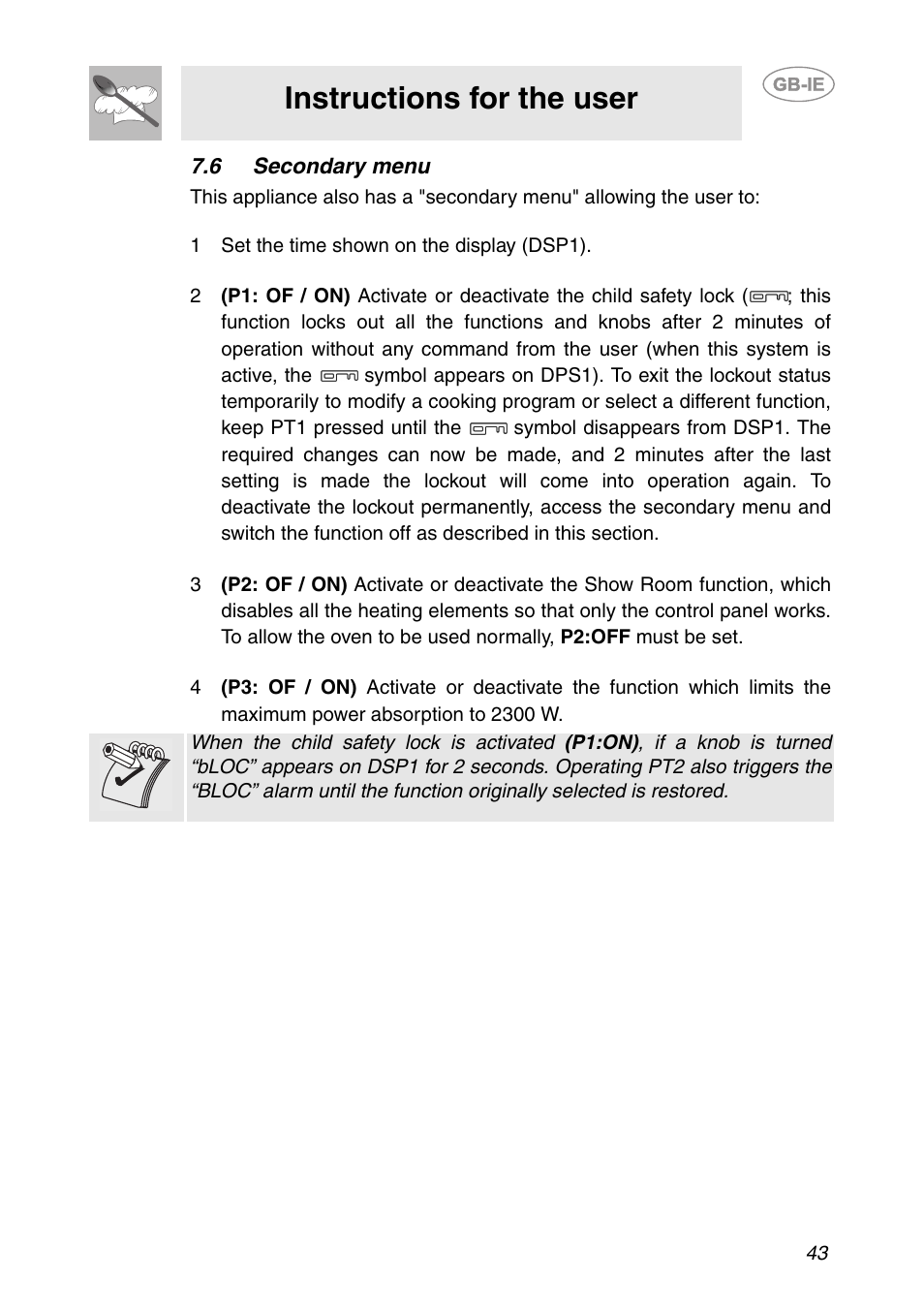 6 secondary menu, 1 set the time shown on the display (dsp1), Instructions for the user | Smeg SC106 User Manual | Page 12 / 29