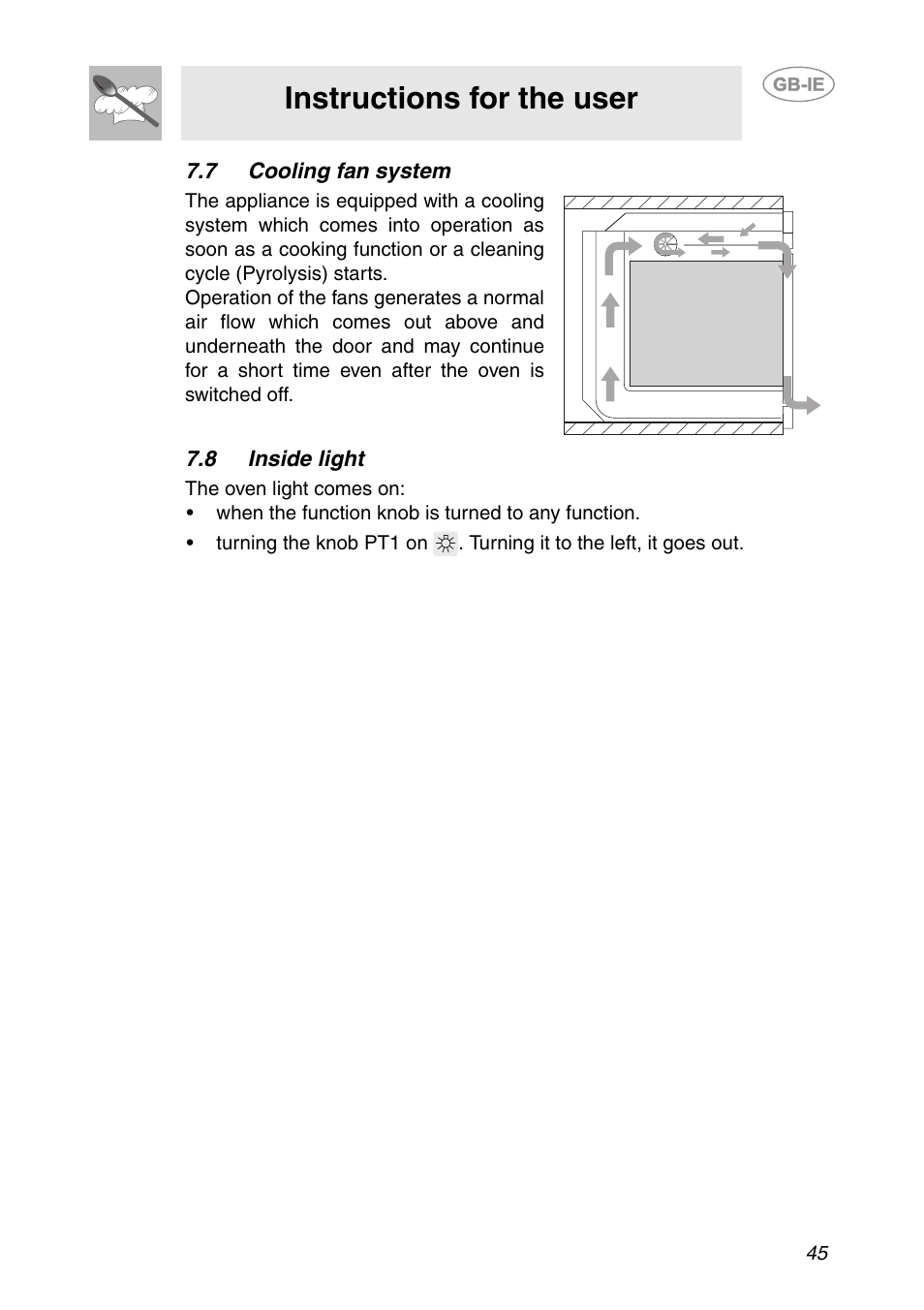 7 cooling fan system, 8 inside light, Instructions for the user | Smeg SC106 User Manual | Page 14 / 29