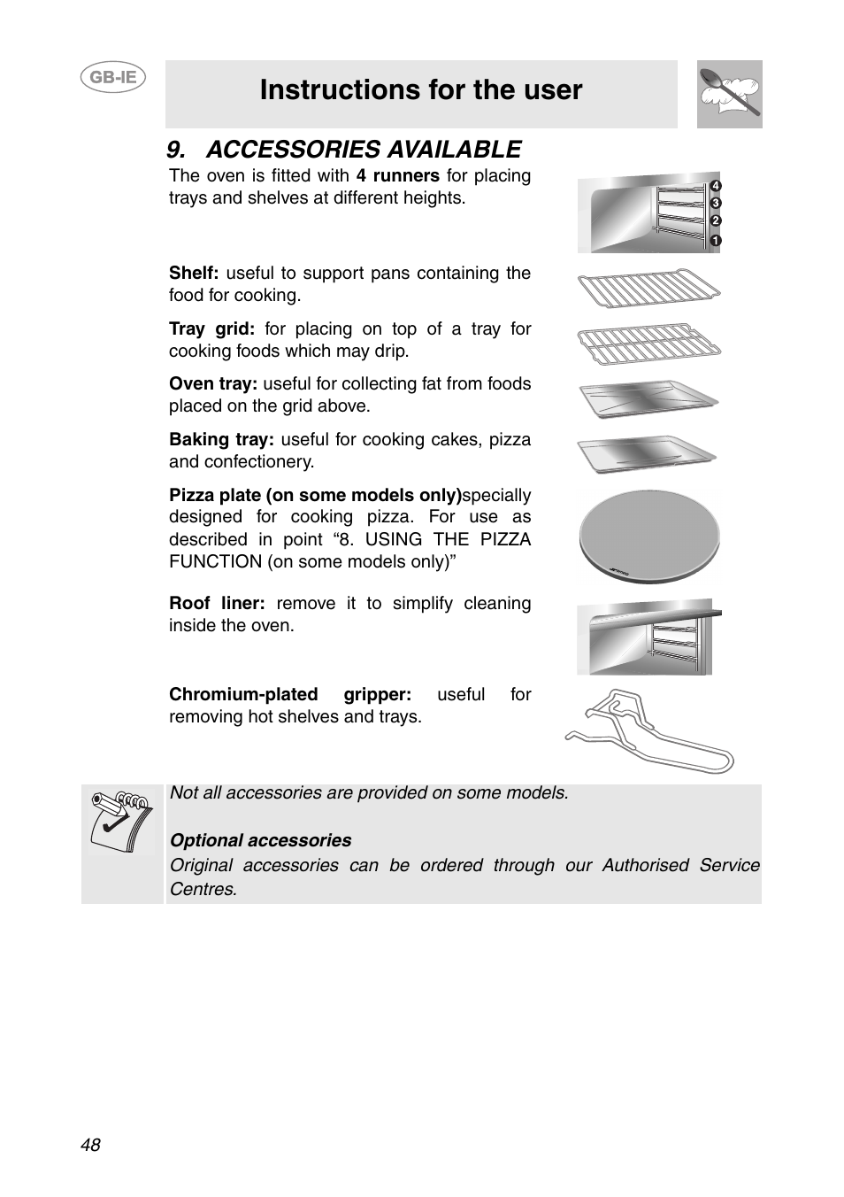 Accessories available, Instructions for the user | Smeg SC106 User Manual | Page 17 / 29