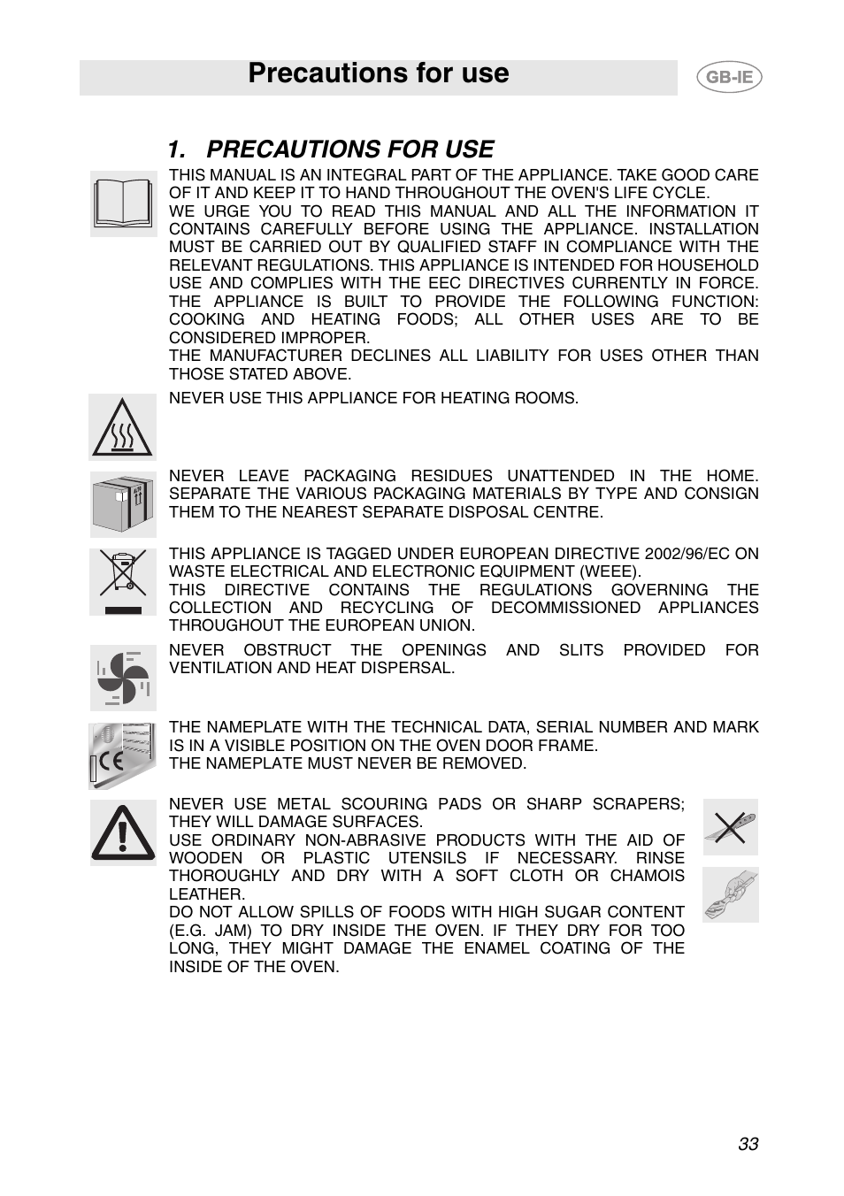 Precautions for use | Smeg SC106 User Manual | Page 2 / 29