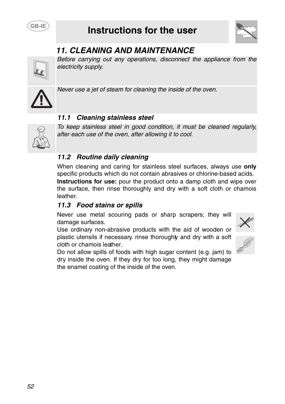 Cleaning and maintenance, 1 cleaning stainless steel, 2 routine daily cleaning | 3 food stains or spills, Instructions for the user | Smeg SC106 User Manual | Page 21 / 29