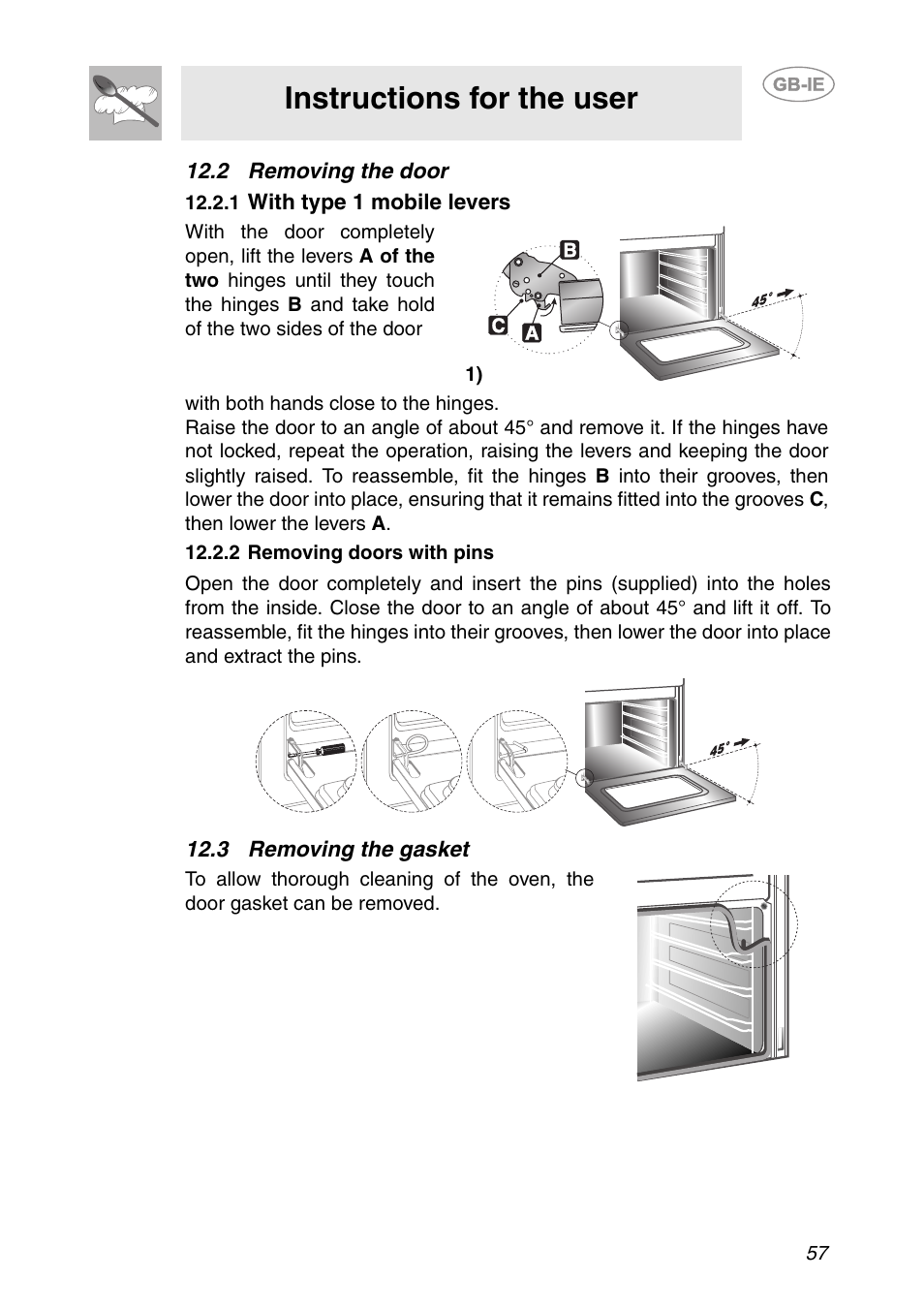 2 removing the door, 1 with type 1 mobile levers, 2 removing doors with pins | 3 removing the gasket, Instructions for the user | Smeg SC106 User Manual | Page 26 / 29
