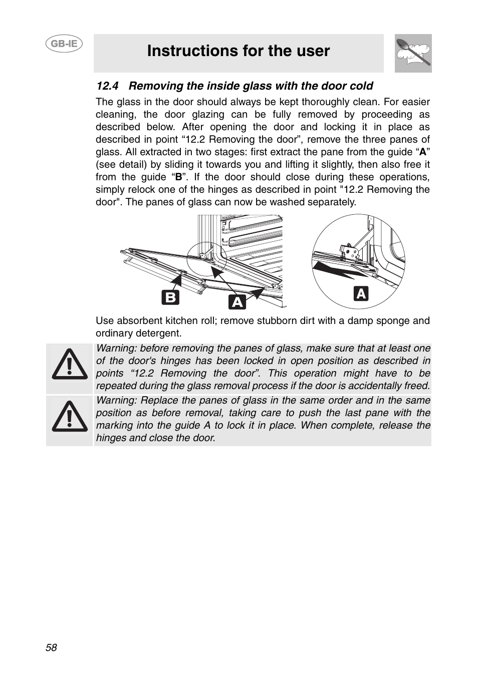 4 removing the inside glass with the door cold, Instructions for the user | Smeg SC106 User Manual | Page 27 / 29