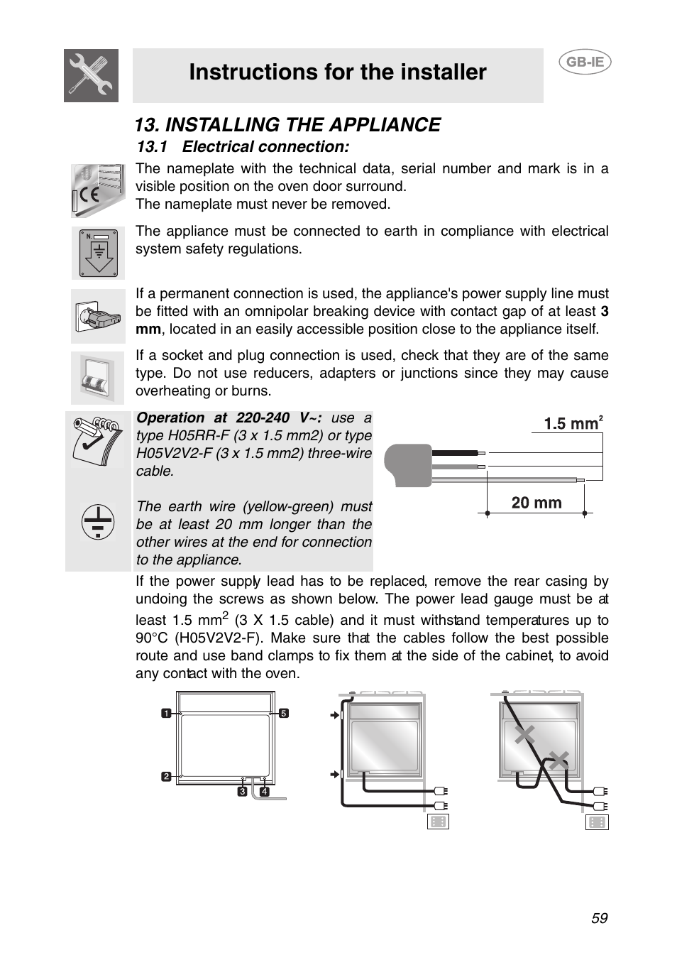 Installing the appliance, 1 electrical connection, Instructions for the installer | Smeg SC106 User Manual | Page 28 / 29