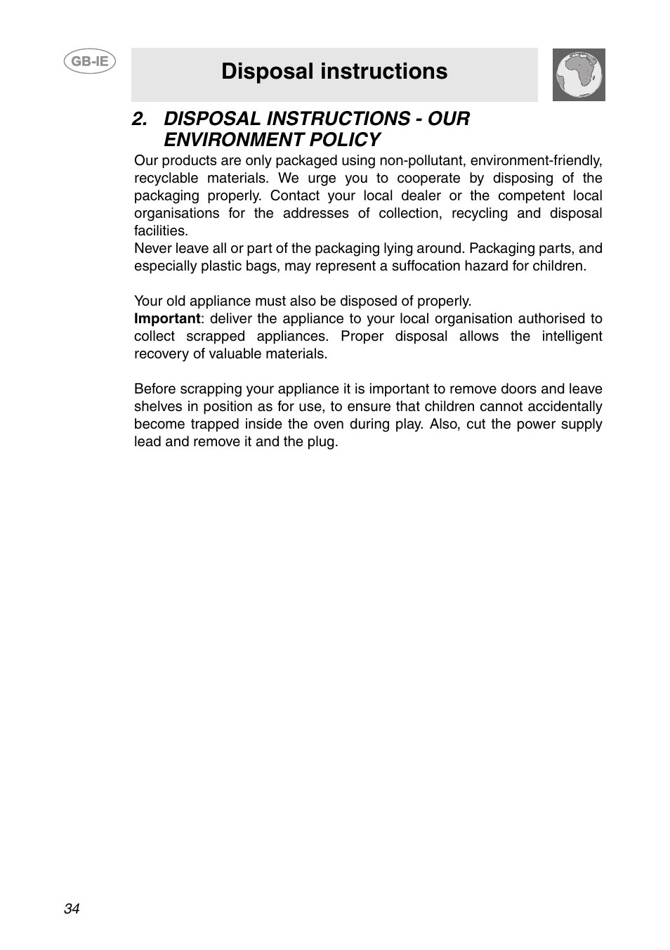 Disposal instructions - our environment policy, Disposal instructions | Smeg SC106 User Manual | Page 3 / 29