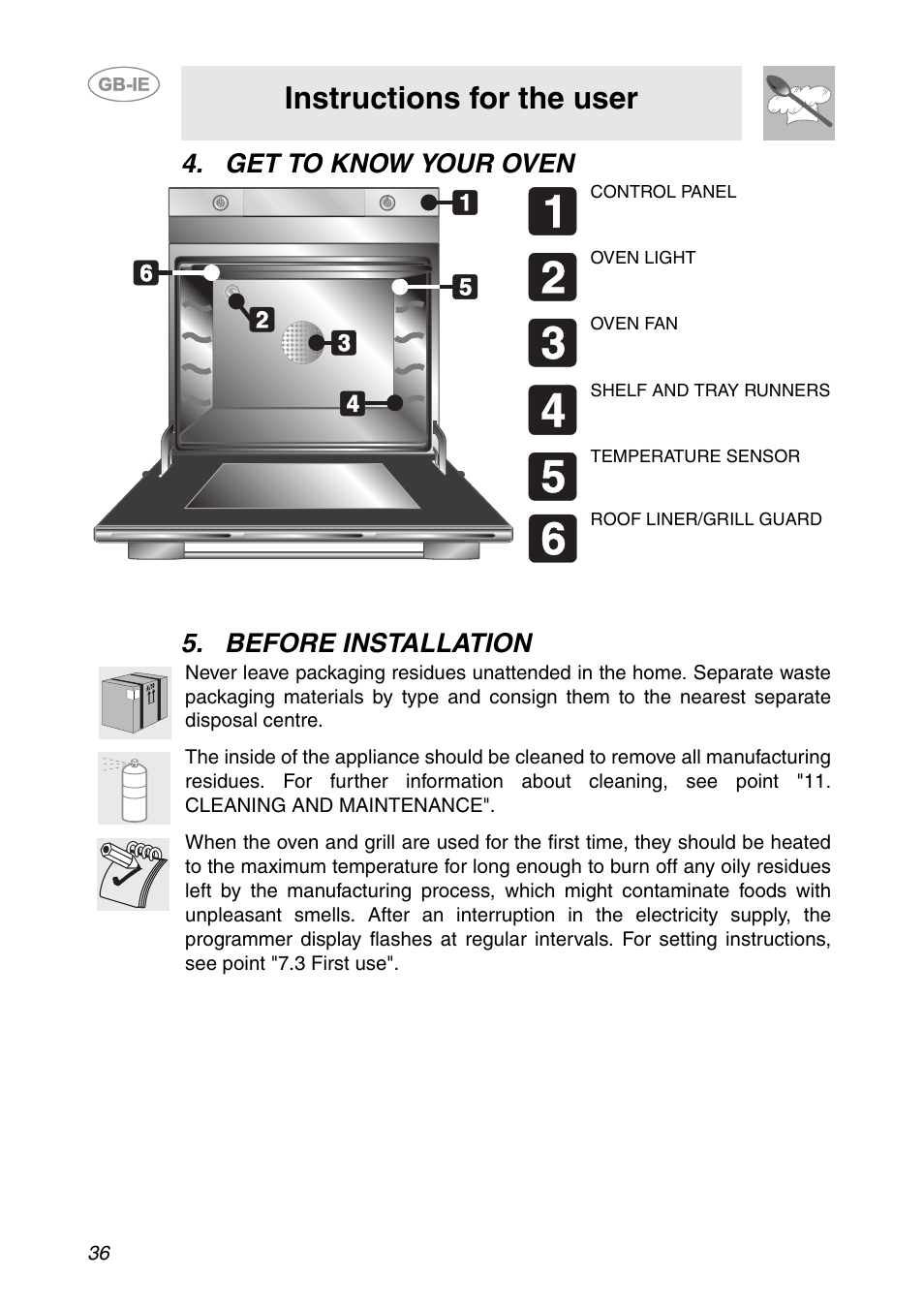 Get to know your oven, Before installation, Instructions for the user | Get to know your oven 5. before installation | Smeg SC106 User Manual | Page 5 / 29