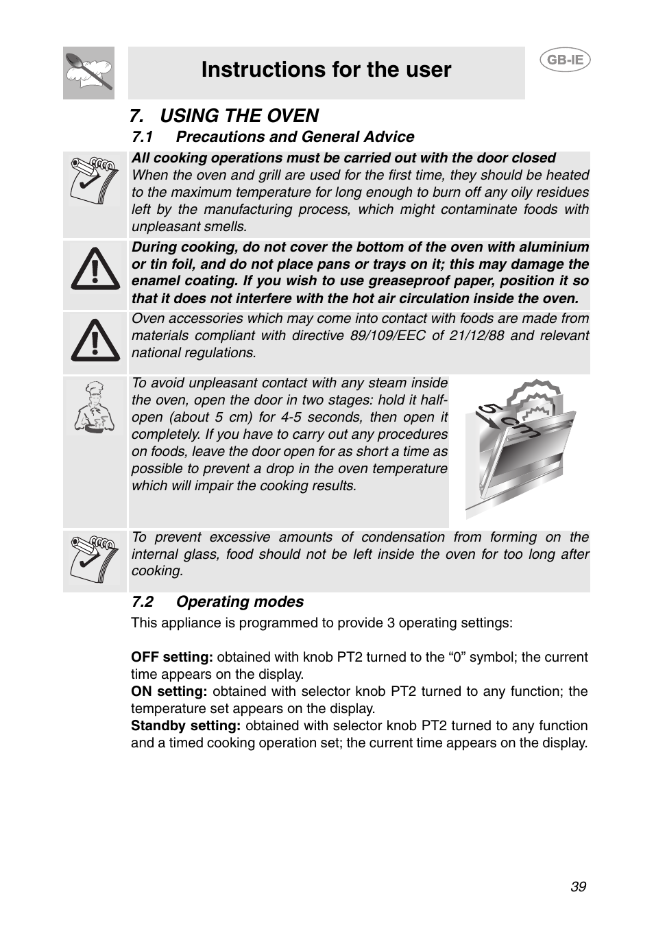 Using the oven, 1 precautions and general advice, 2 operating modes | Instructions for the user | Smeg SC106 User Manual | Page 8 / 29