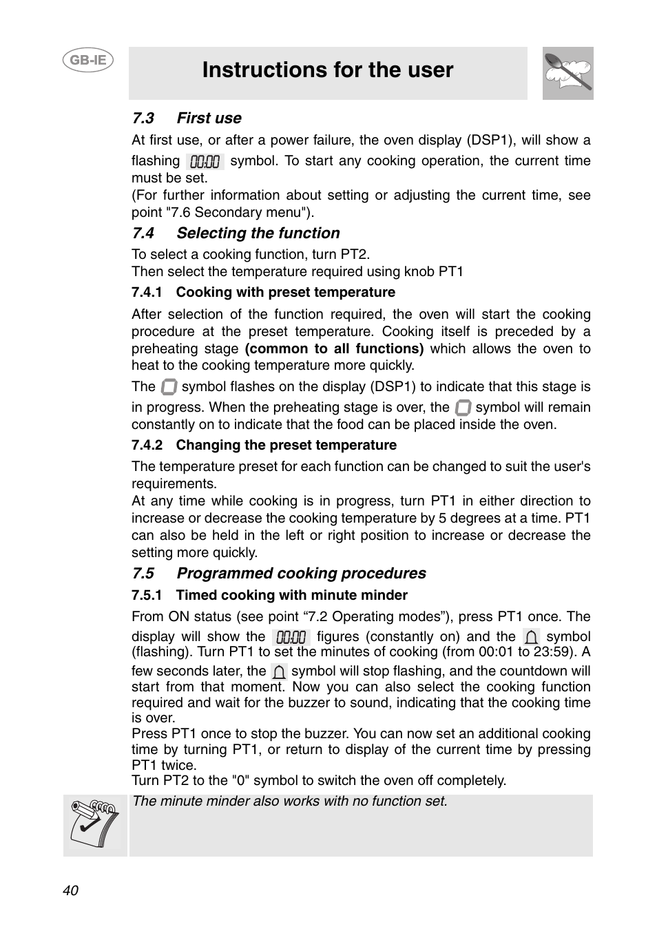 3 first use, 4 selecting the function, 1 cooking with preset temperature | 2 changing the preset temperature, 5 programmed cooking procedures, 1 timed cooking with minute minder, Instructions for the user | Smeg SC106 User Manual | Page 9 / 29