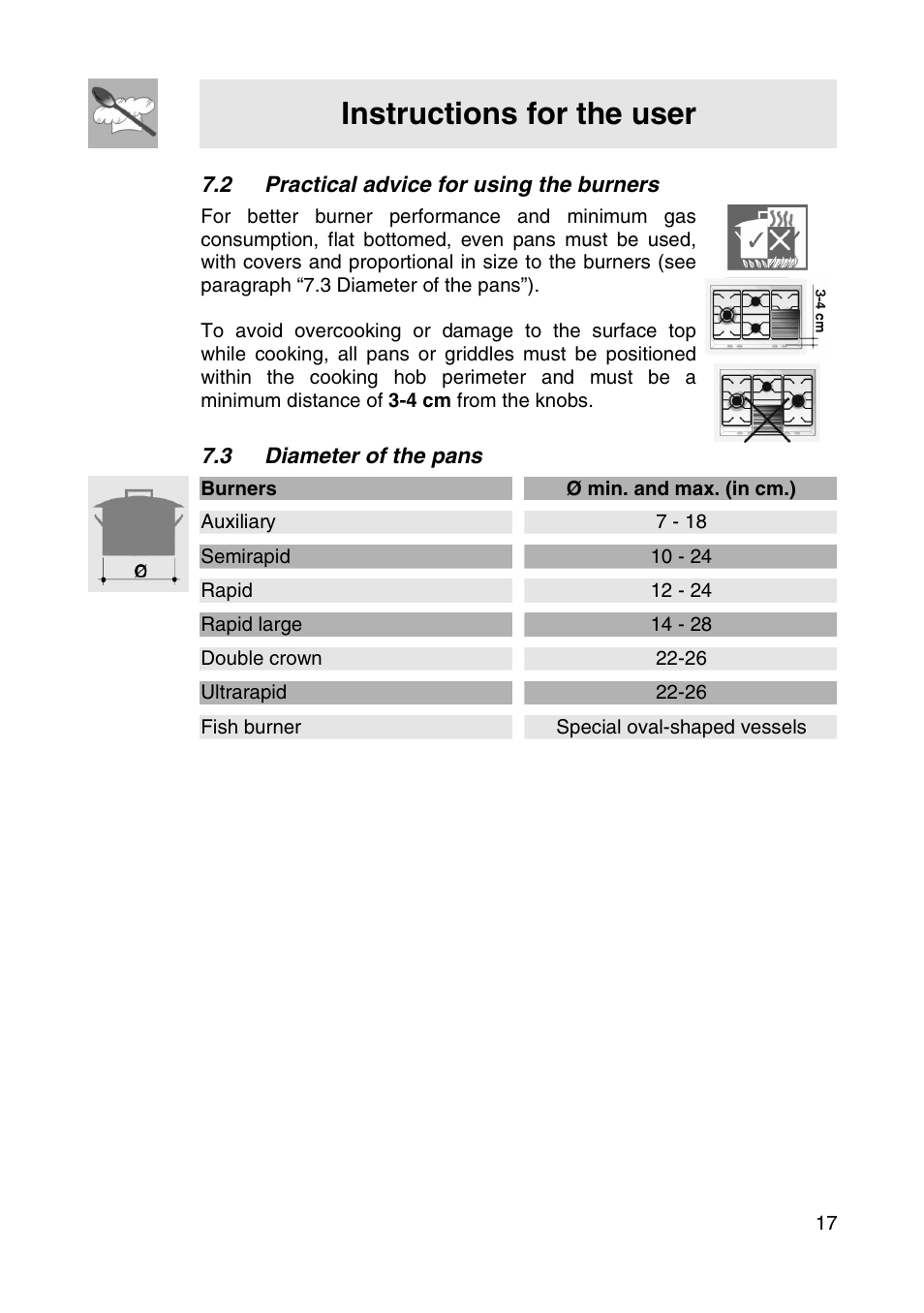 Instructions for the user, 2 practical advice for using the burners, 3 diameter of the pans | Burners ø min. and max. (in cm.), Auxiliary 7 - 18, Semirapid 10 - 24, Rapid 12 - 24, Rapid large 14 - 28, Double crown 22-26, Ultrarapid 22-26 | Smeg NCT685BSG User Manual | Page 15 / 18