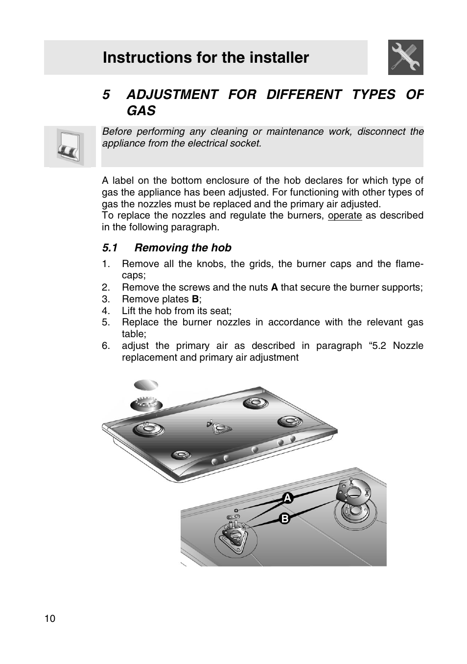 Instructions for the installer, 5adjustment for different types of gas | Smeg NCT685BSG User Manual | Page 8 / 18