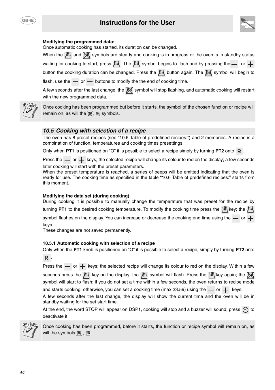 5 cooking with selection of a recipe, 1 automatic cooking with selection of a recipe, Instructions for the user | Smeg CE6GPXU User Manual | Page 12 / 30