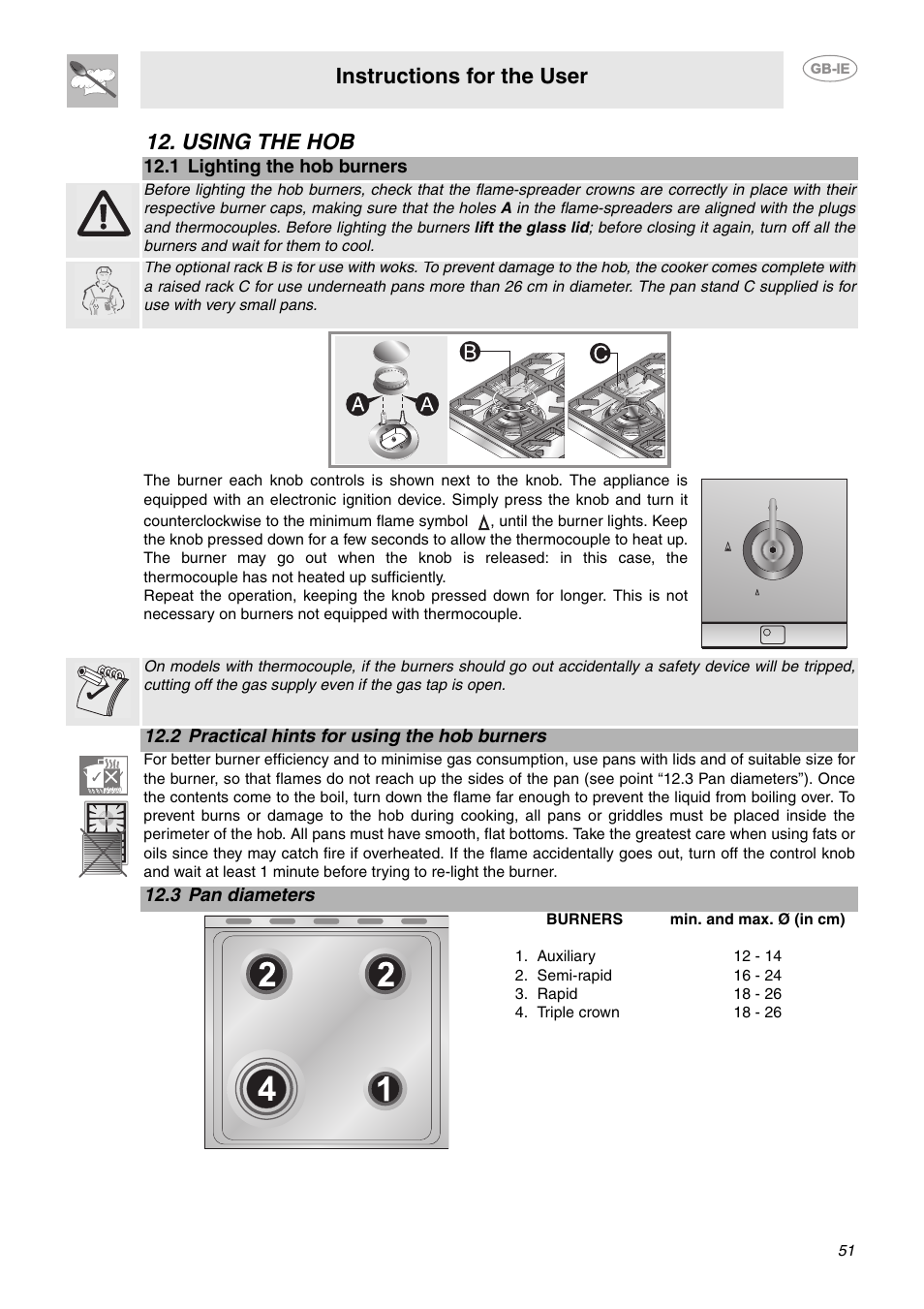 Using the hob, 1 lighting the hob burners, 2 practical hints for using the hob burners | 3 pan diameters, Instructions for the user | Smeg CE6GPXU User Manual | Page 19 / 30