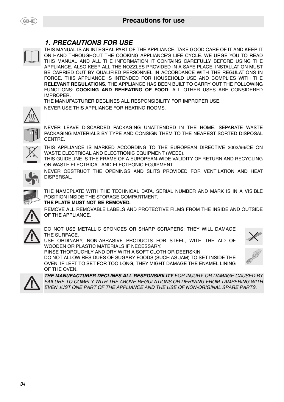 Precautions for use | Smeg CE6GPXU User Manual | Page 2 / 30