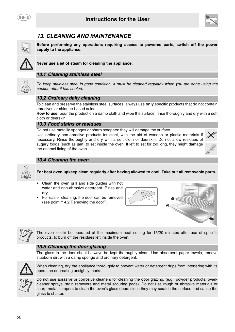 Cleaning and maintenance, 1 cleaning stainless steel, 2 ordinary daily cleaning | 3 food stains or residues, 4 cleaning the oven, 5 cleaning the door glazing, Instructions for the user | Smeg CE6GPXU User Manual | Page 20 / 30