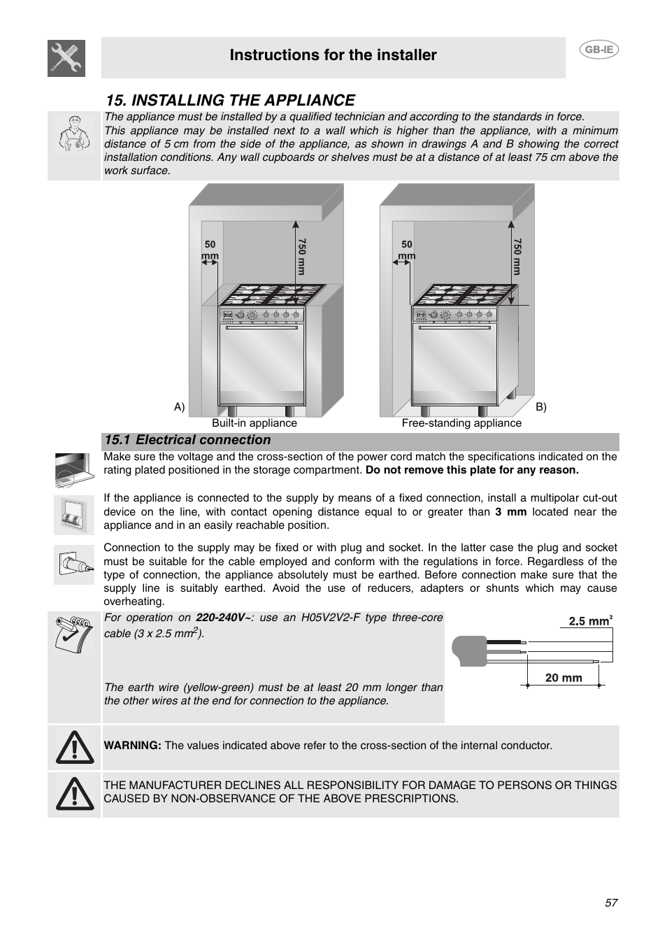 Installing the appliance, 1 electrical connection, Instructions for the installer | Smeg CE6GPXU User Manual | Page 25 / 30