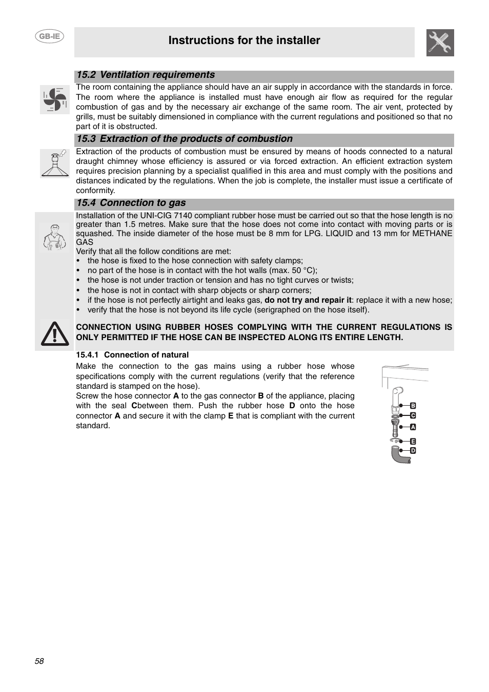 2 ventilation requirements, 3 extraction of the products of combustion, 4 connection to gas | 1 connection of natural, Instructions for the installer | Smeg CE6GPXU User Manual | Page 26 / 30