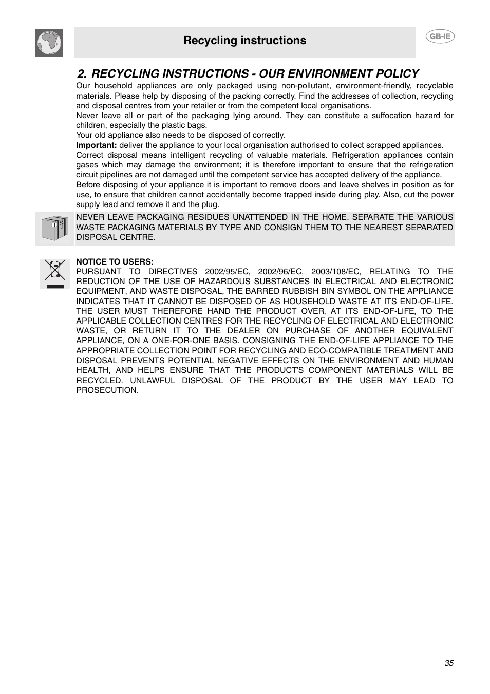 Recycling instructions - our environment policy, Recycling instructions | Smeg CE6GPXU User Manual | Page 3 / 30