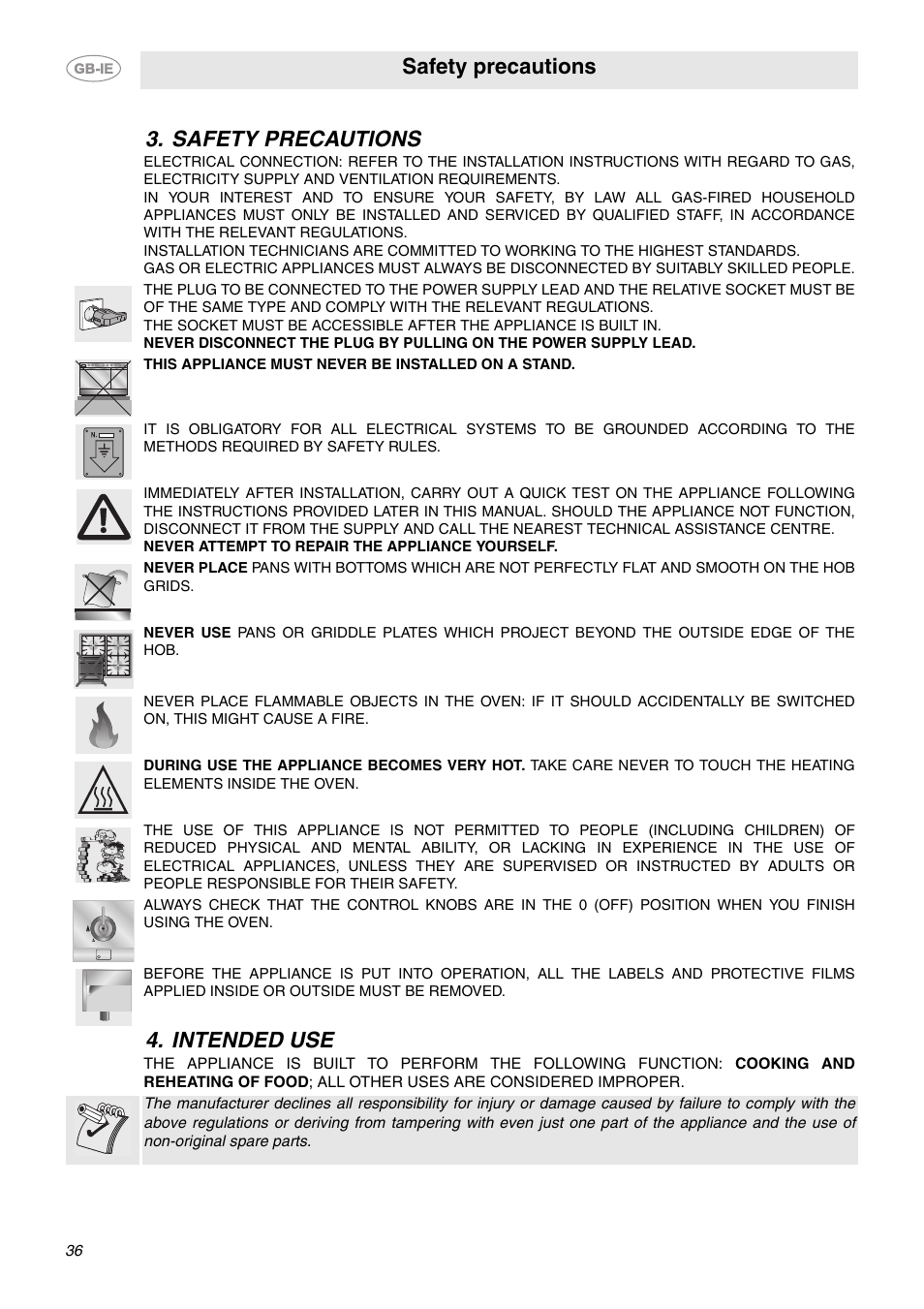 Safety precautions, Intended use, Safety precautions 4. intended use | Smeg CE6GPXU User Manual | Page 4 / 30