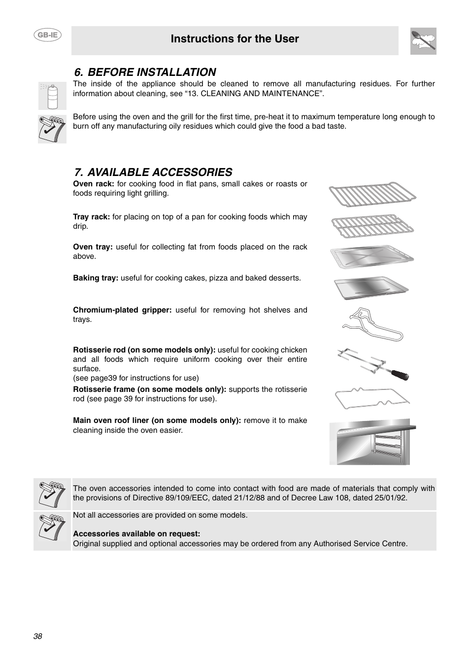 Before installation, Available accessories, Instructions for the user | Before installation 7. available accessories | Smeg CE6GPXU User Manual | Page 6 / 30