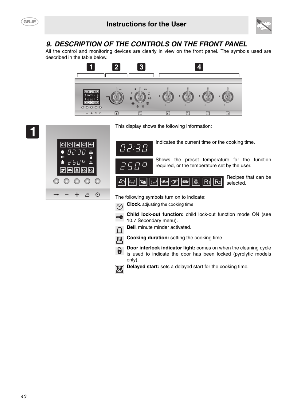 Description of the controls on the front panel, Instructions for the user | Smeg CE6GPXU User Manual | Page 8 / 30