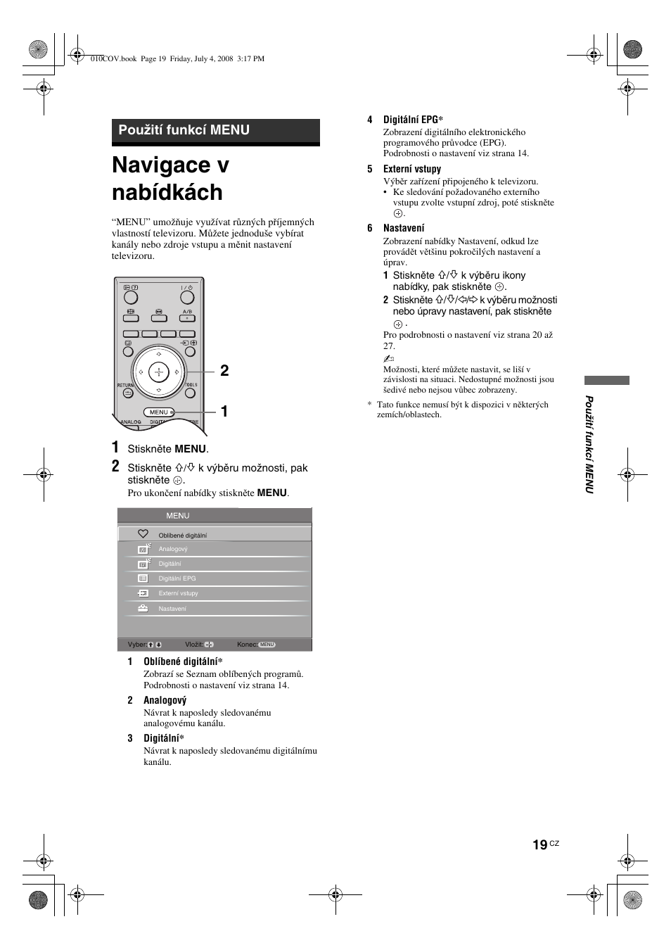 Navigace v nabídkách, Použití funkcí menu | Sony KDL-26 S4000 User Manual | Page 109 / 181